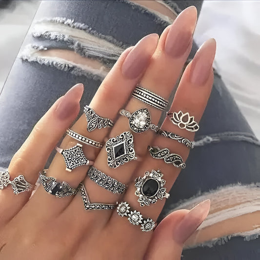 💍 Sellista – Silver Plated Multi-Design Ring Set (15 Pieces) ✨